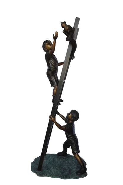 Two Kids Climb a Ladder Saving a Cat Bronze Statue -  Size: 35"L x 24"W x 81"H.