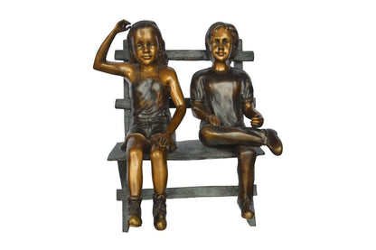 Two Kids Sitting On a Bench Bronze Statue -  Size: 20"L x 18"W x 24"H.