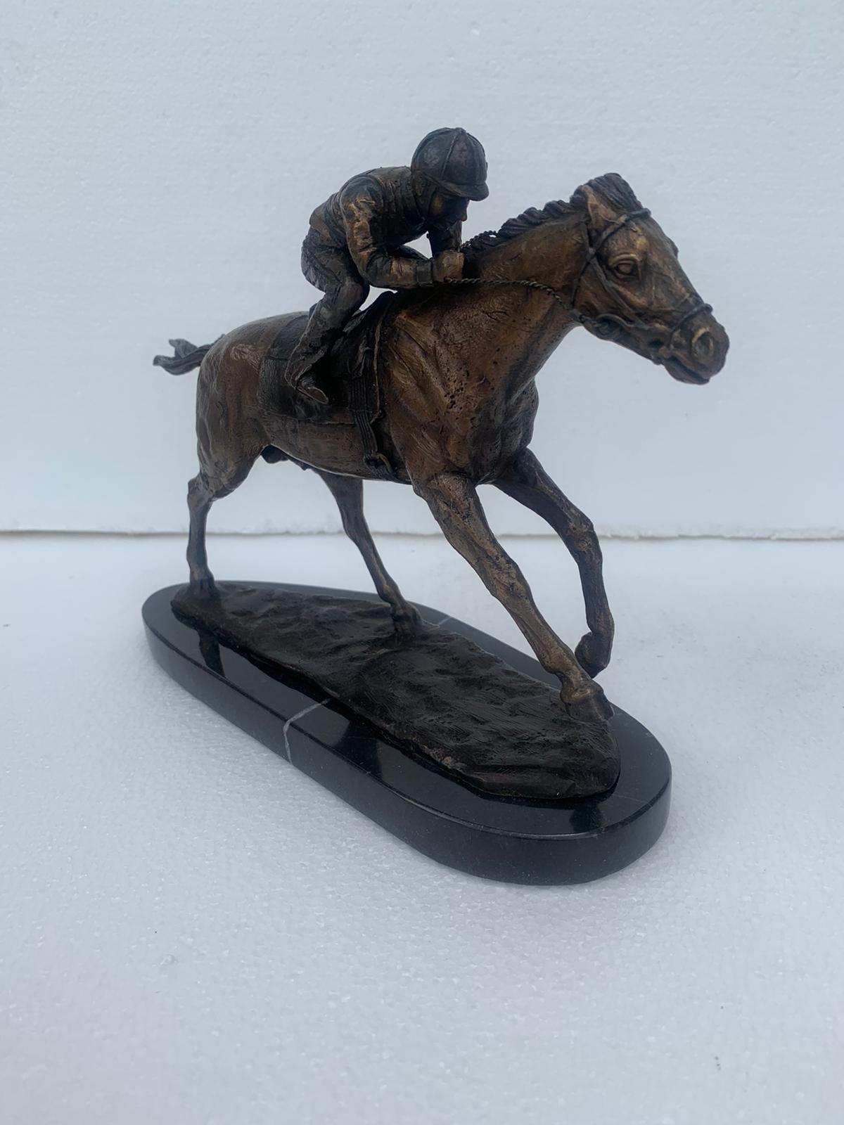 Jockey on horse two tones Bronze Statue -  Size: 11"L x 4"W x 8"H.