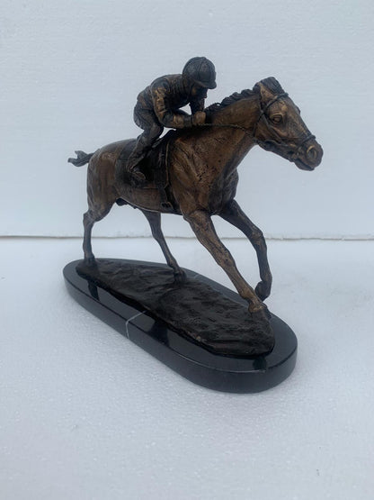 Jockey on horse two tones Bronze Statue -  Size: 11"L x 4"W x 8"H.