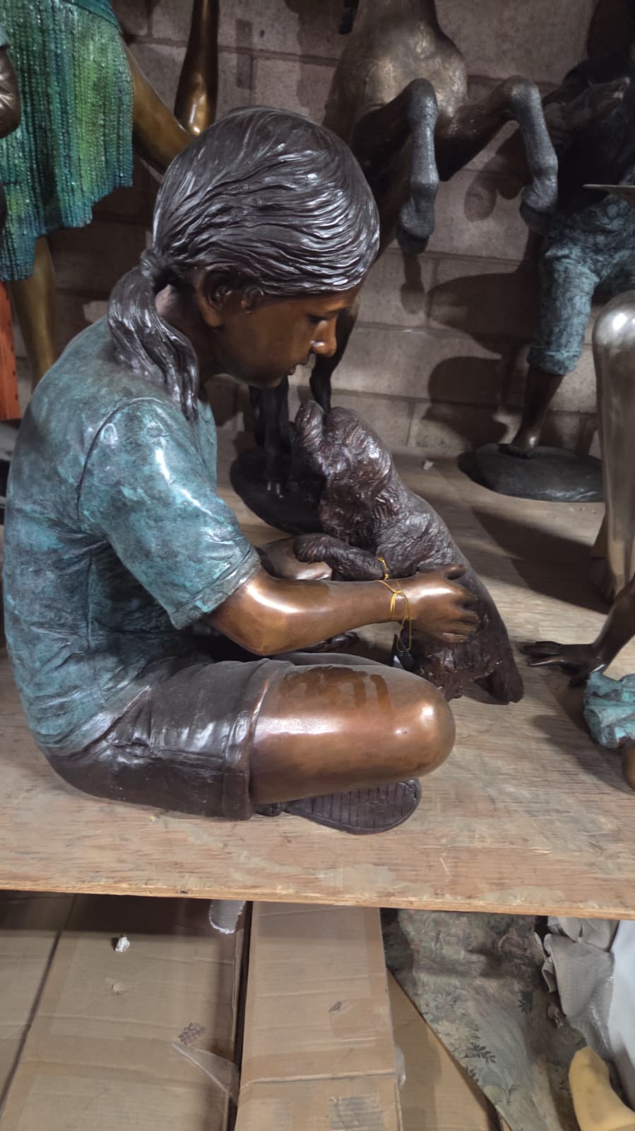 Bronze Girl Sitting With Puppy Cross Legged Garden Decor -  Size: 15"L x 19"D x 19"H