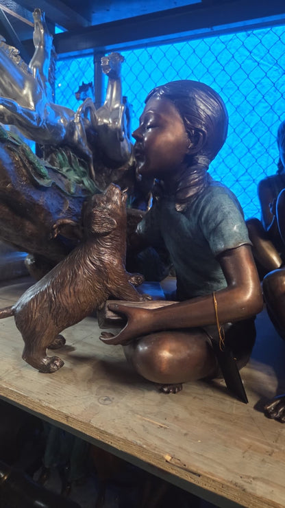 Bronze Girl Sitting With Puppy Cross Legged Garden Decor -  Size: 15"L x 19"D x 19"H