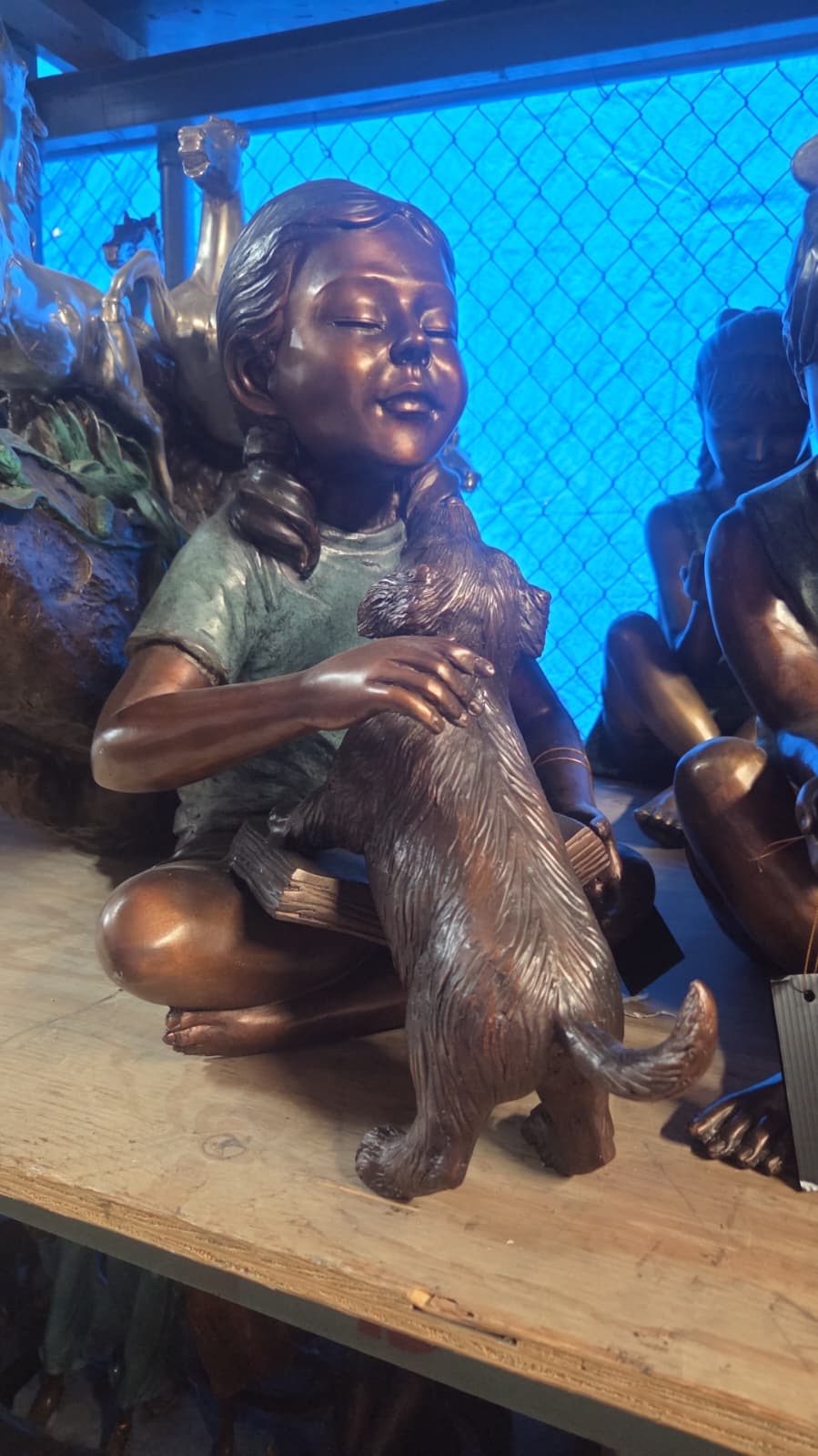 Bronze Girl Sitting With Puppy Cross Legged Garden Decor -  Size: 15"L x 19"D x 19"H