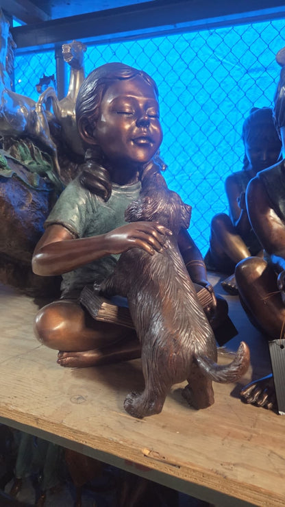 Bronze Girl Sitting With Puppy Cross Legged Garden Decor -  Size: 15"L x 19"D x 19"H