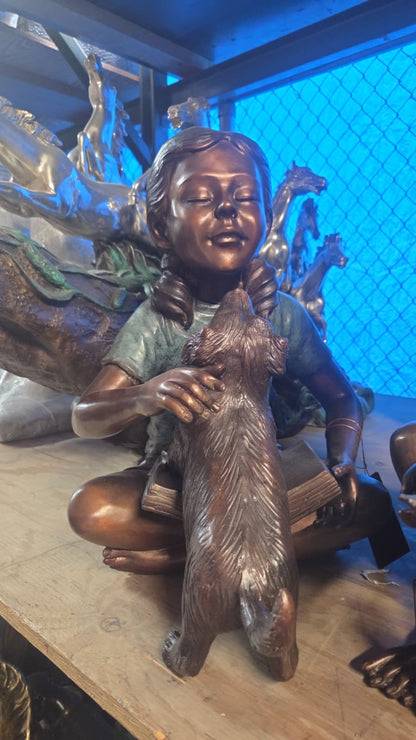Bronze Girl Sitting With Puppy Cross Legged Garden Decor -  Size: 15"L x 19"D x 19"H