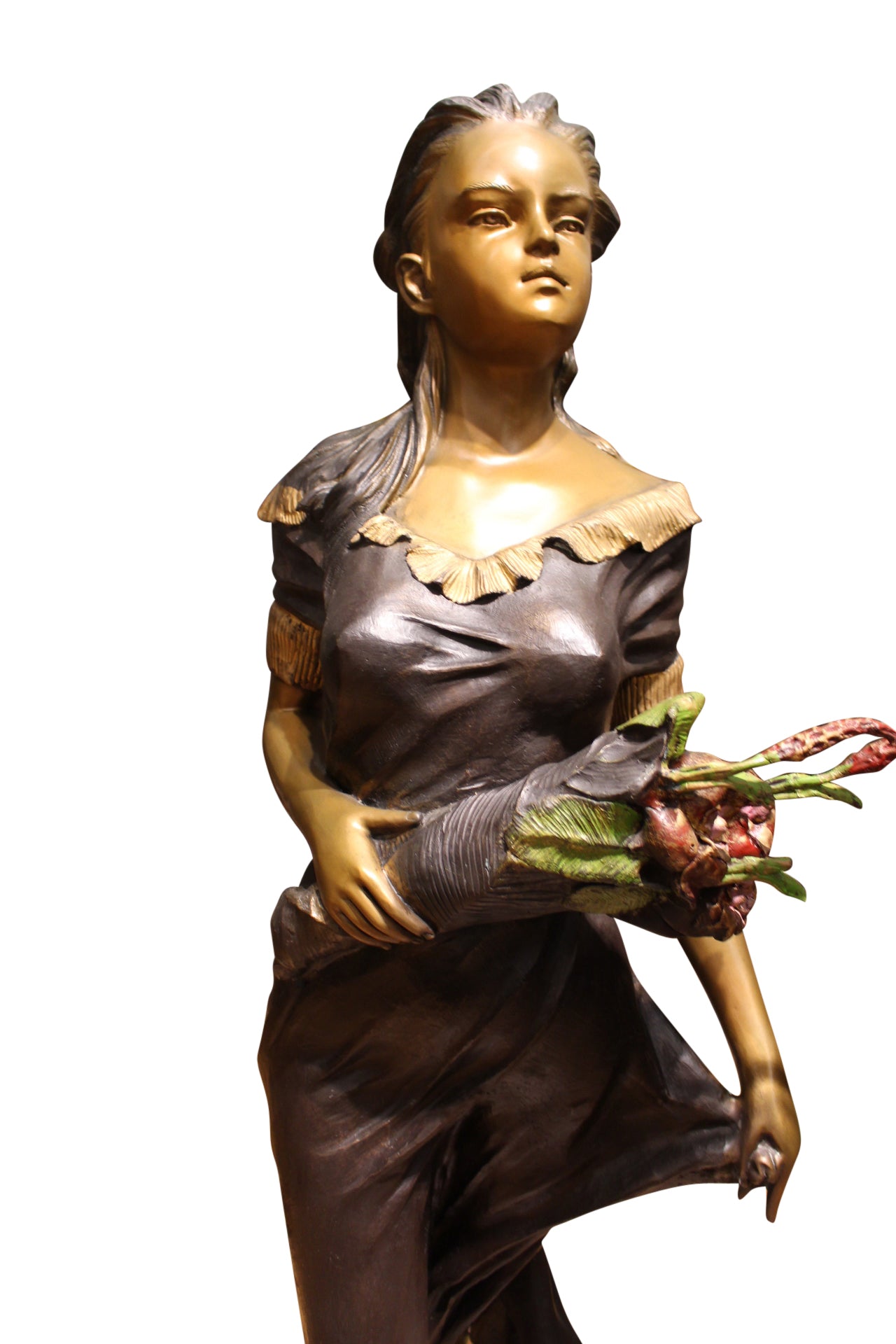 Woman Holding Bouquet Standing on Lily  Bronze Statue/Fountain 28" x27"x 60"H. 