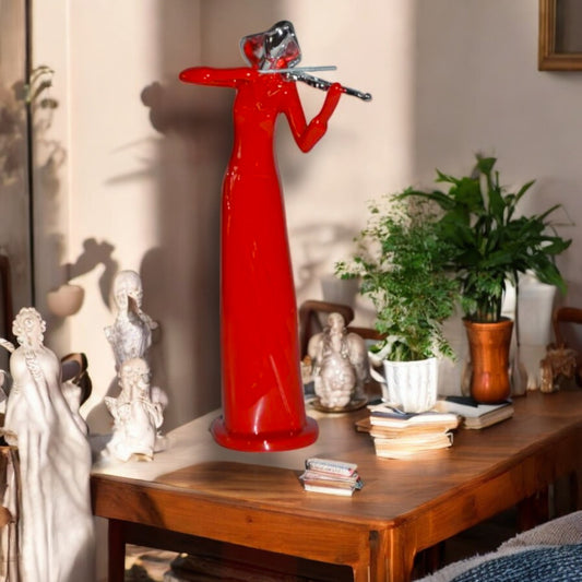 Women Playing the Violin Red and Chrome Resin Statue - Size: 5"L x 4"W x 12"H.
