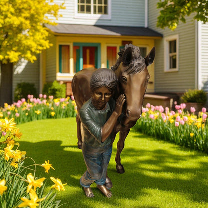 Young Girl and her pony Bronze Statue -  Size: 48"L x 20"W x 48"H.