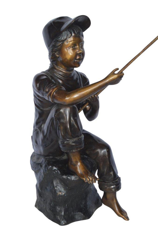 Young Boy sitting on a rock fishing bronze statue -  Size: 31"L x 9"W x 33"H.