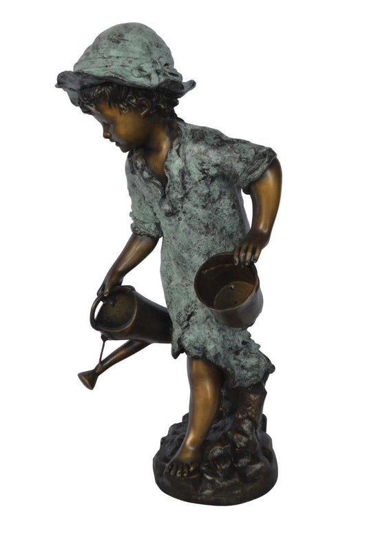Young girl gardening bronze fountain statue -  Size: 12"L x 14"W x 28"H.