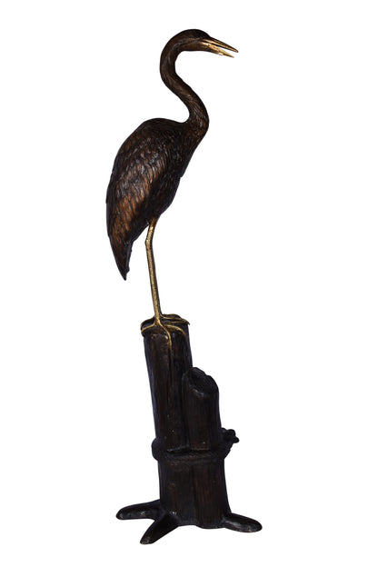 Crane Looking Out Standing on A Tree Stump Bronze Statue Size: 19" x 17" x 62"H