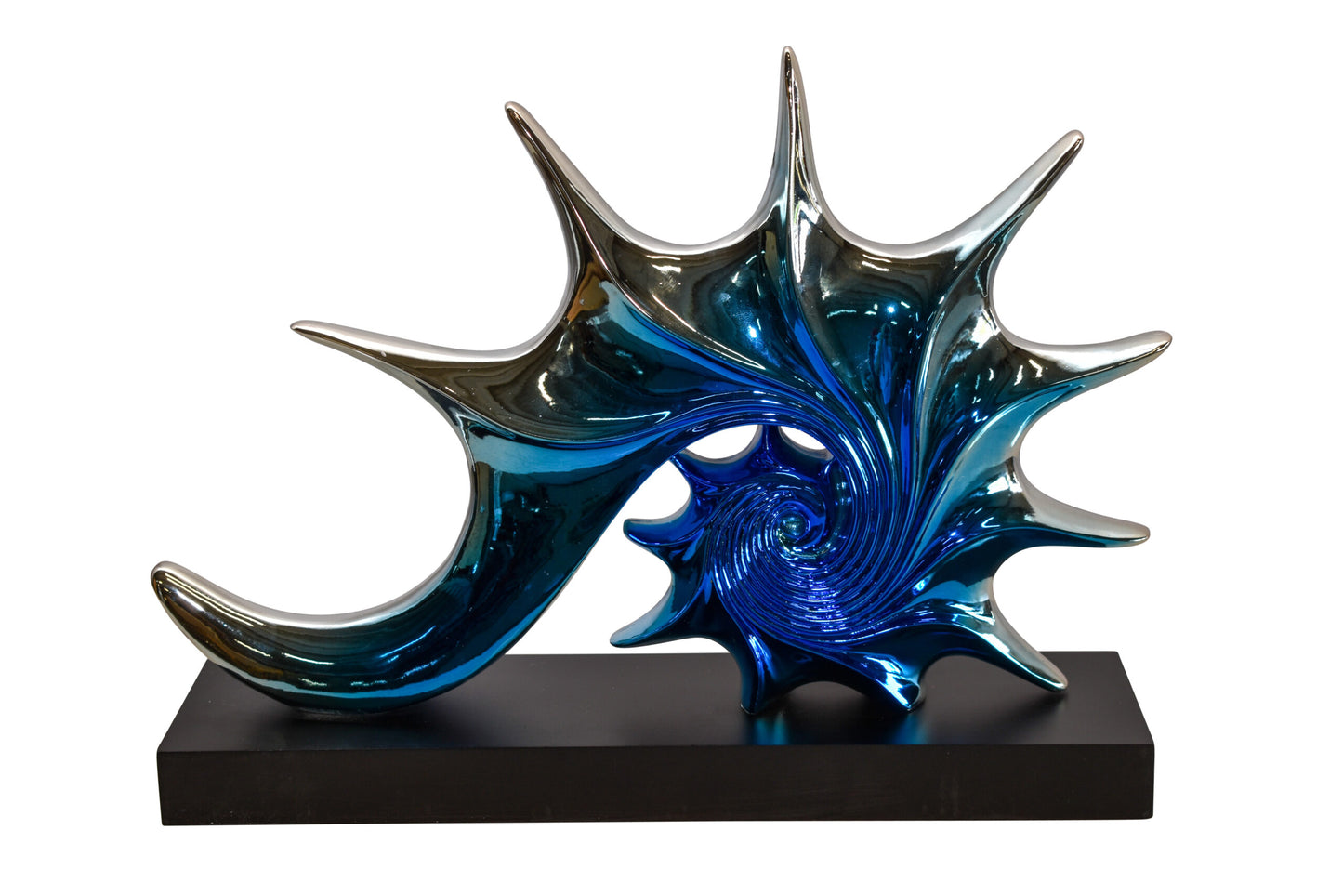 Modern Blue Chrome Sea Urchin Resin Statue on Black Base 17" x 4" x 12"H