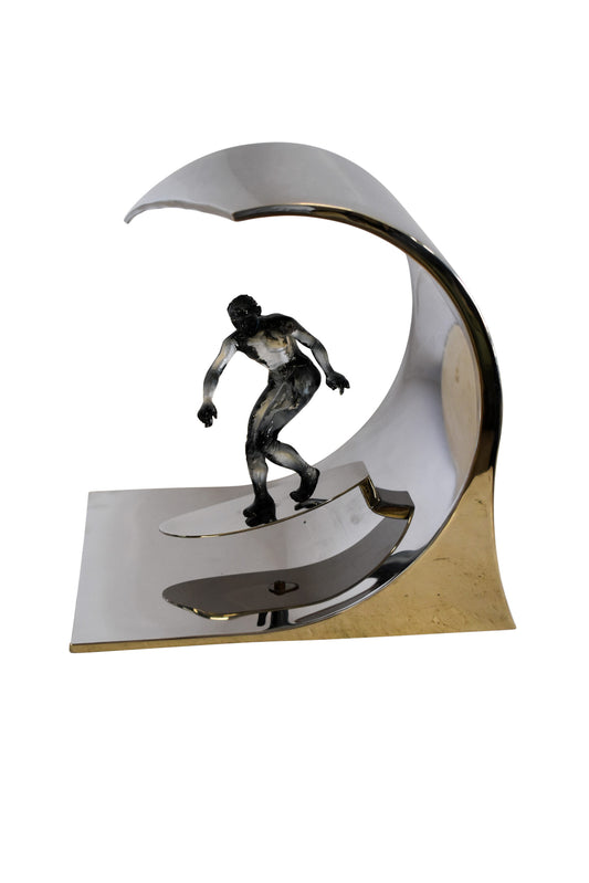 Modern Unique Stainless Steel Ocean Wave Surfer Statue 10" x 9" x 11"H