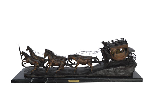 Stagecoach by M. Russell Replica Bronze Statue -  Size: 38"L x 10"W x 12"H.