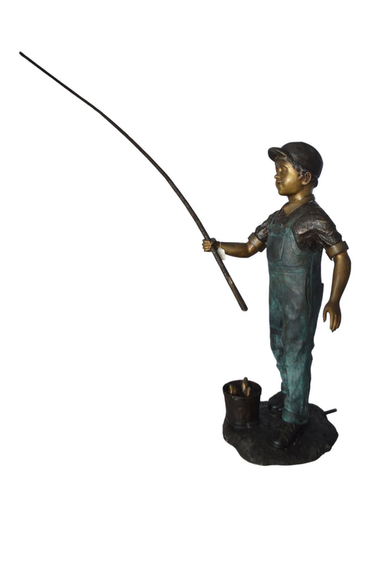 Kid Fishing Water Fountain Bronze Statue -  Size: 18"L x 22"W x 49"H.