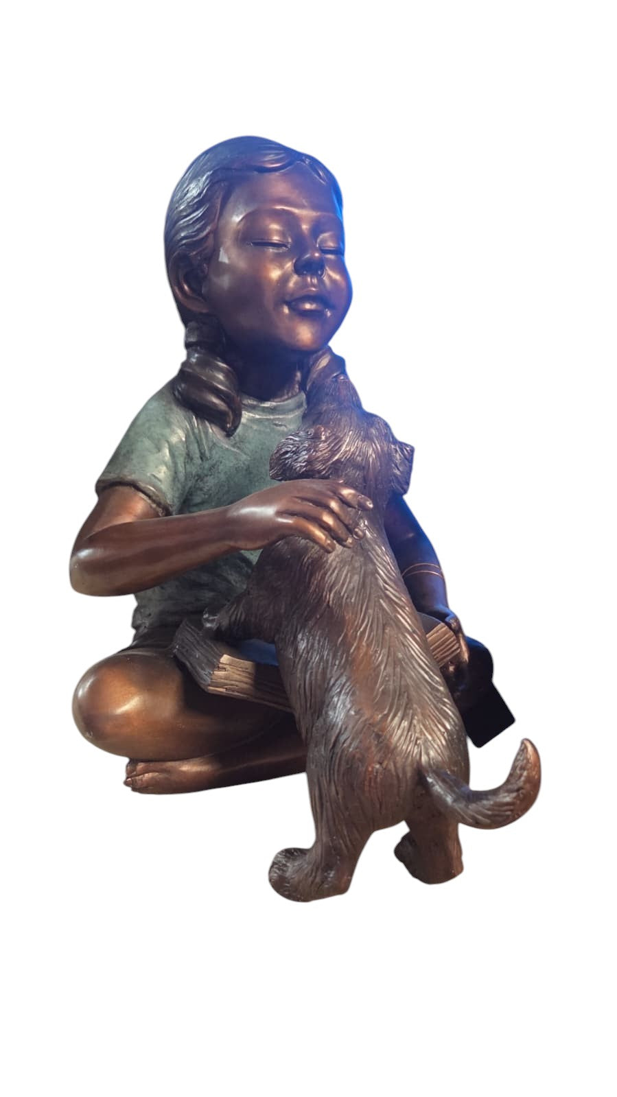Bronze Girl Sitting With Puppy Cross Legged Garden Decor -  Size: 15"L x 19"D x 19"H