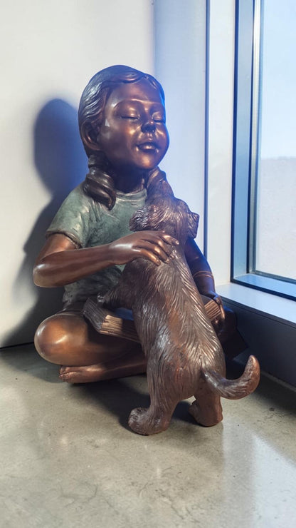 Bronze Girl Sitting With Puppy Cross Legged Garden Decor -  Size: 15"L x 19"D x 19"H