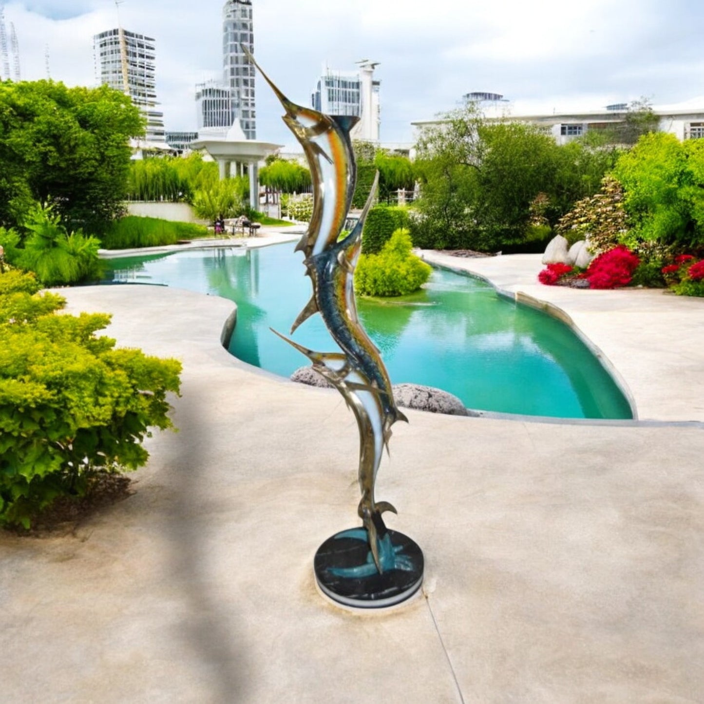 Three Marlin Fish /bronze Fountain on Triple Marble -  15"x 18"x 77"H.