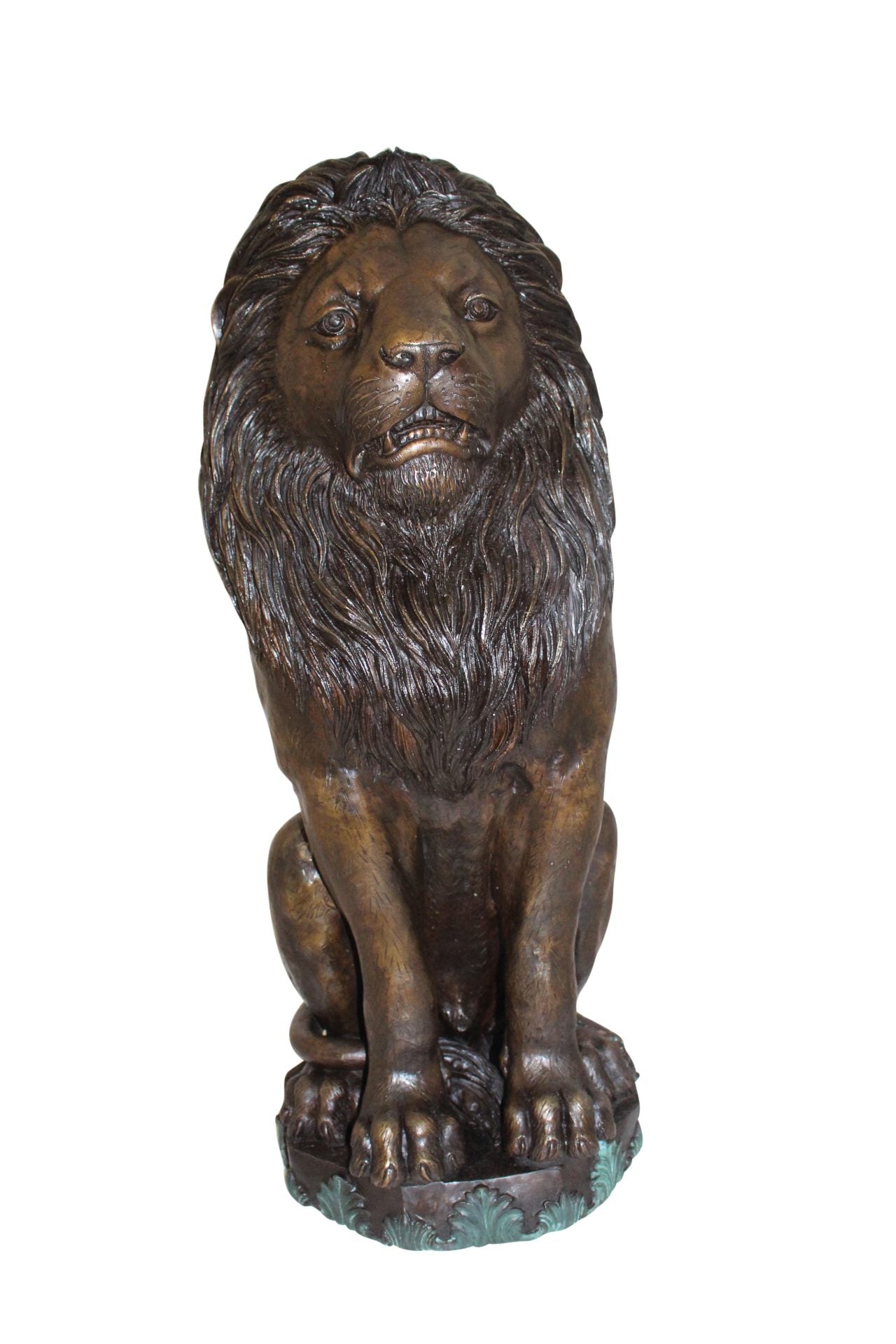 Lion Sitting on Base Bronze Statue -  Size: 13"L x 13"W x 34"H. 