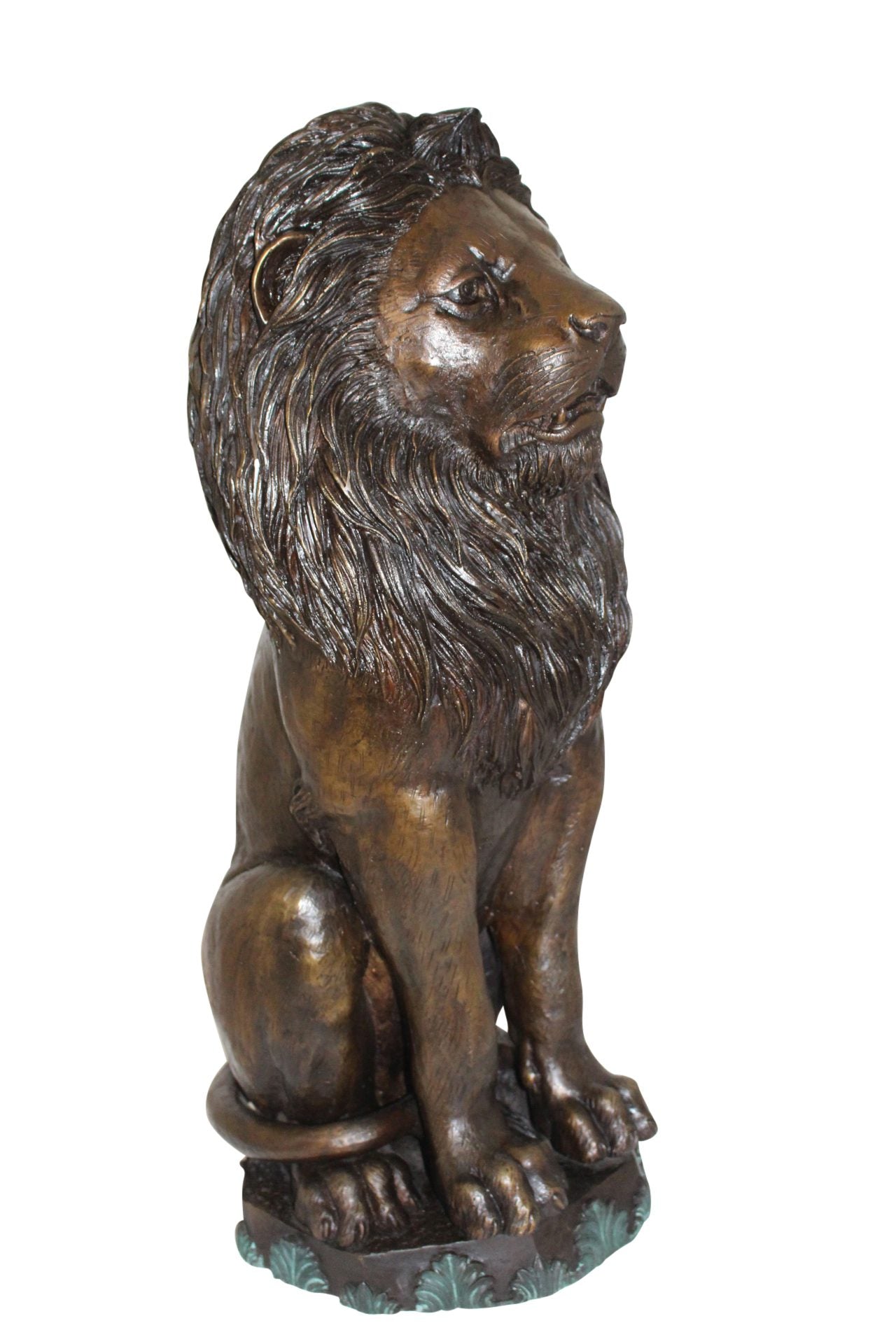 Lion Sitting on Base Bronze Statue -  Size: 13"L x 13"W x 34"H. 