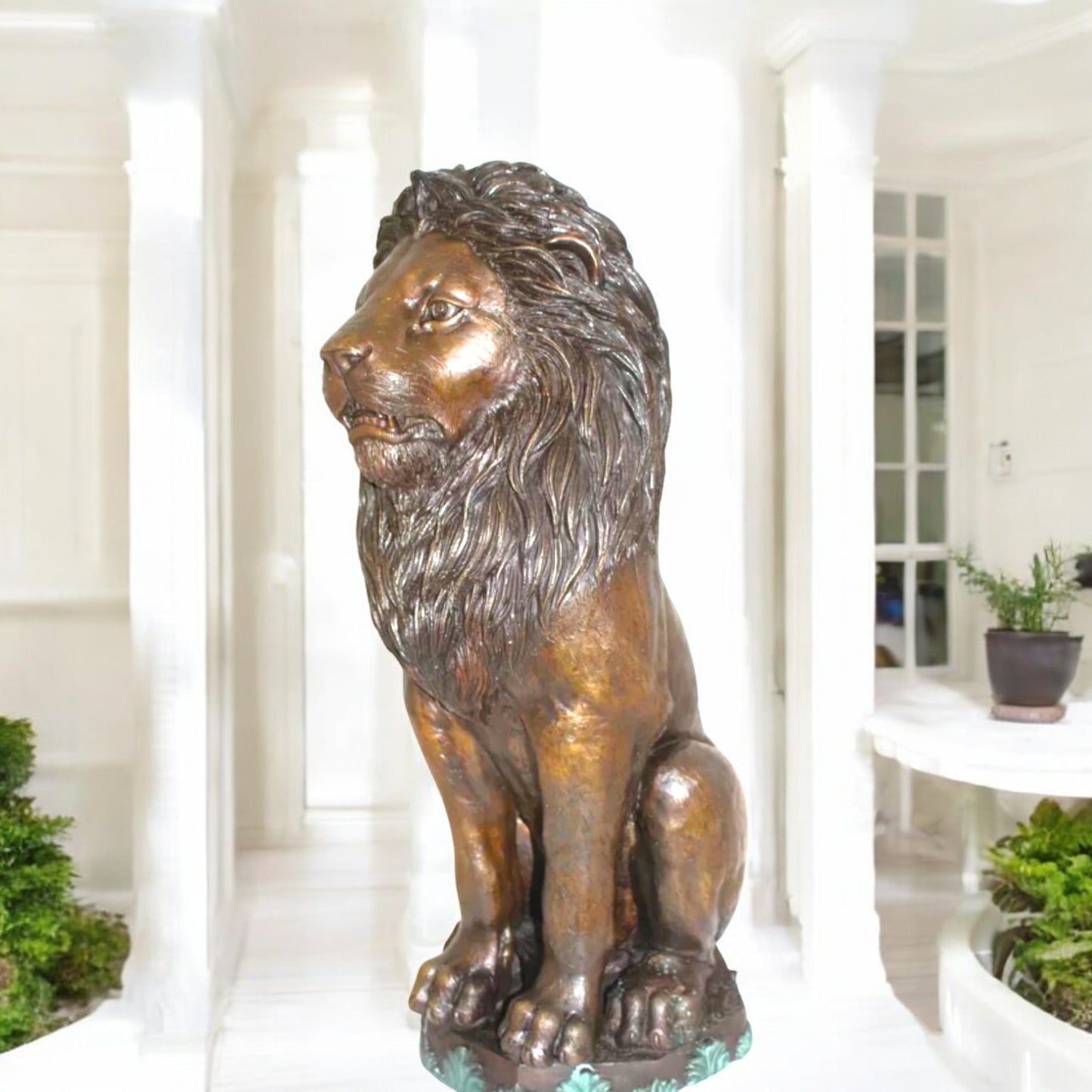 Lion Sitting on Base Bronze Statue -  Size: 13"L x 13"W x 34"H.