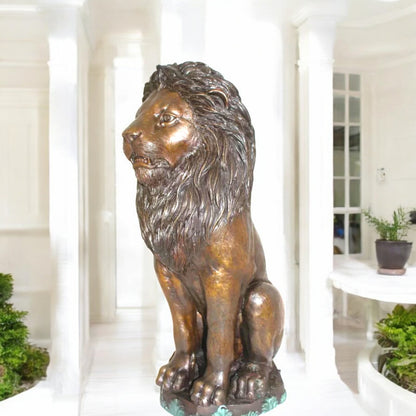 Lion Sitting on Base Bronze Statue -  Size: 13"L x 13"W x 34"H.