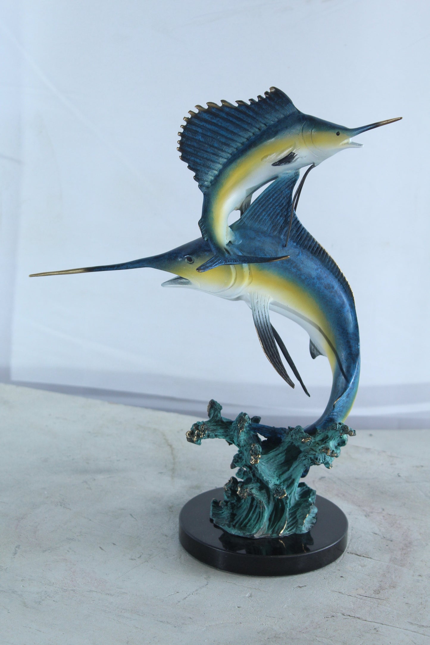 NIFAO Bronze Sailfish Duo Statue on Marble Base Coastal Sculpture 13" x 7" x 15"H