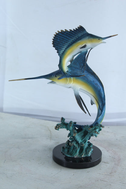 NIFAO Bronze Sailfish Duo Statue on Marble Base Coastal Sculpture 13" x 7" x 15"H