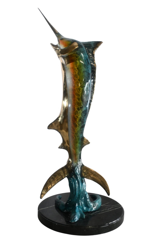 Leaping Marlin on Wave Bronze Sculpture Marble Base 14"x14"x41"H