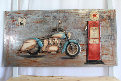 Vintage Motorcycle and Gas Pump Painting on Metal with 3D Effect 79" x 2" x 40"H