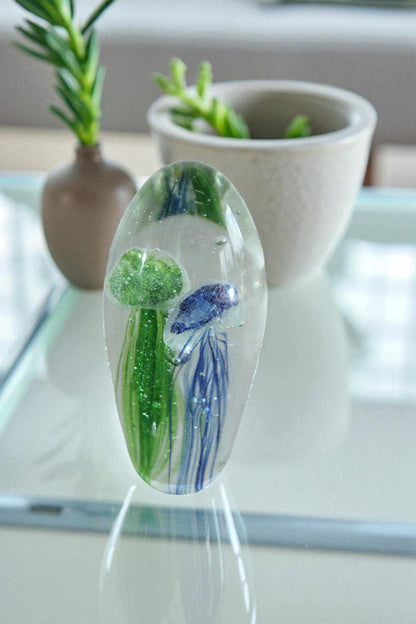NIFAO Glass Jellyfish Paperweight Green Blue Art Glass Decor 3" x 3" x 8"H