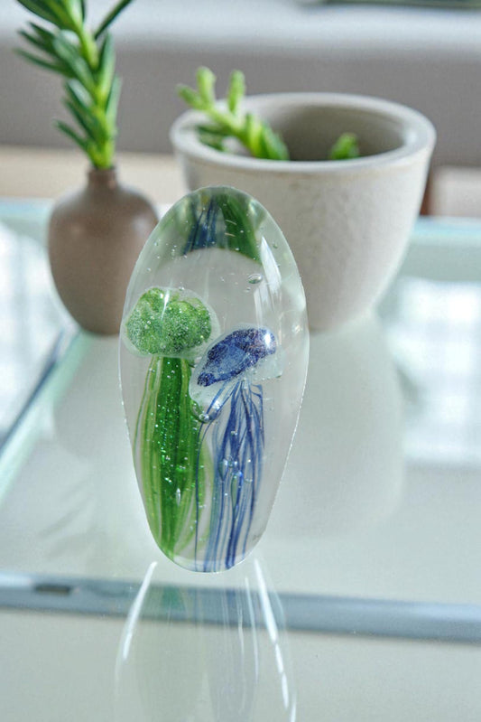 NIFAO Glass Jellyfish Paperweight Green Blue Art Glass Decor 3" x 3" x 8"H