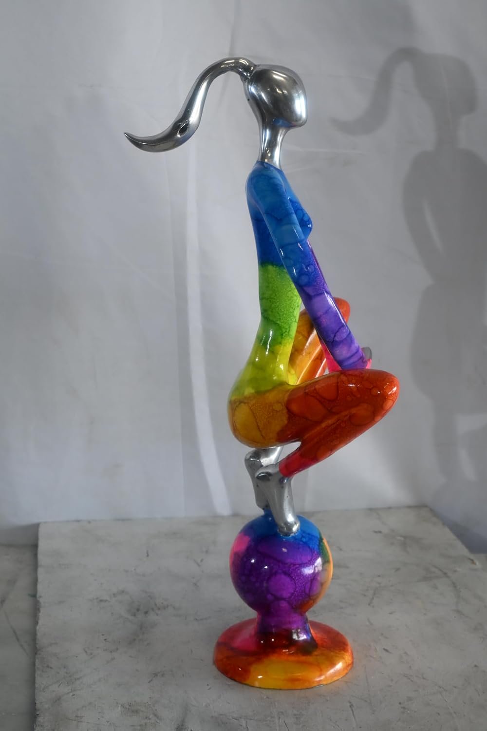 Rainbow Yoga Woman Meditating on Sphere Painted Aluminum 12"x10"x22"H