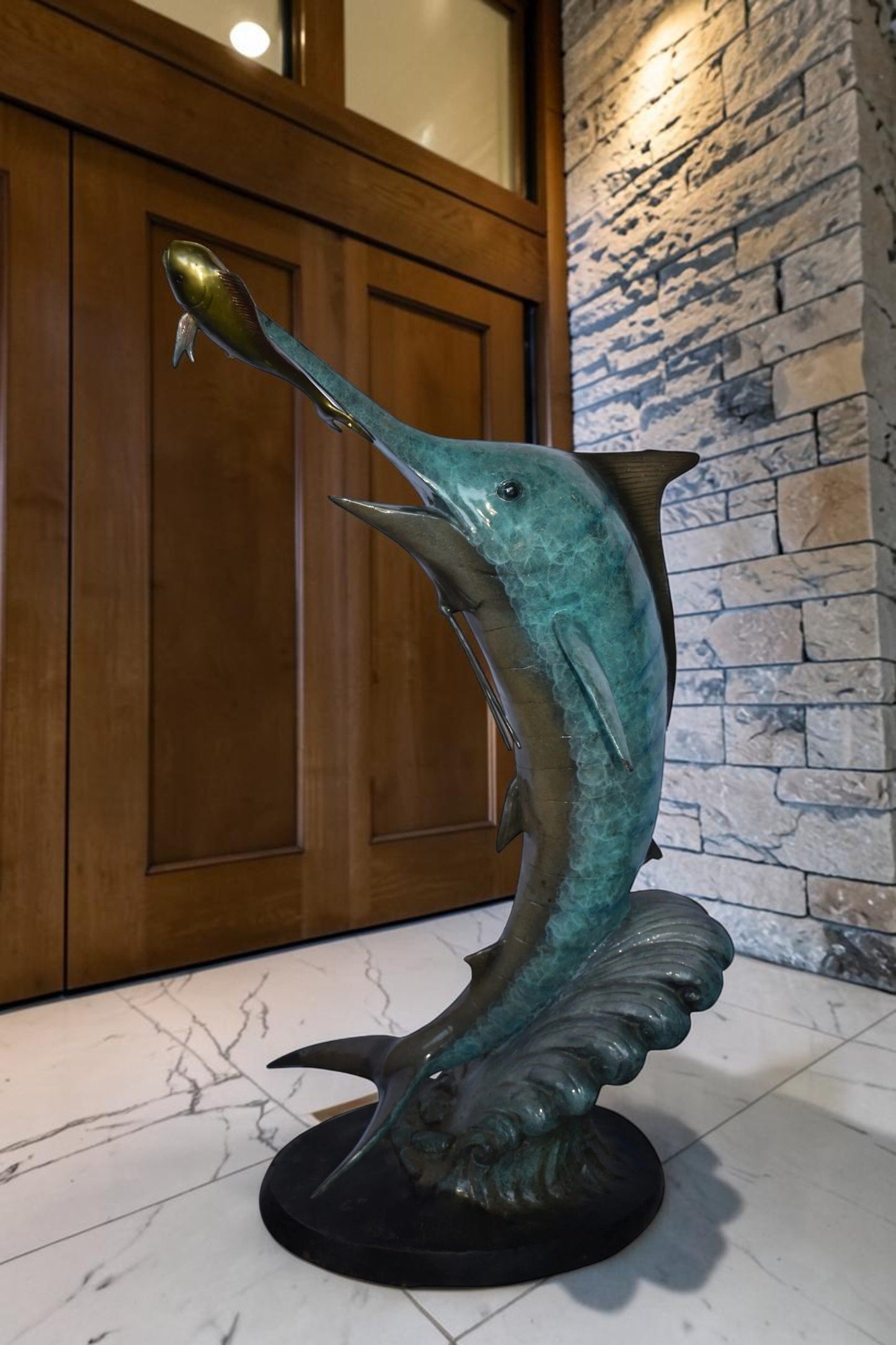Marlin Fish Catching A Small Fish in Action Bronze Statue Size: 28" x 16" x 50"H
