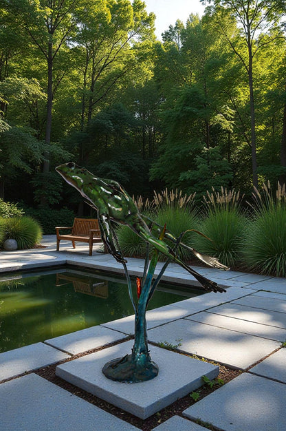 Large Frog Jumping Up Bronze Statue on a  Marble  -  Size: 30"L x 14"W x 34"H.