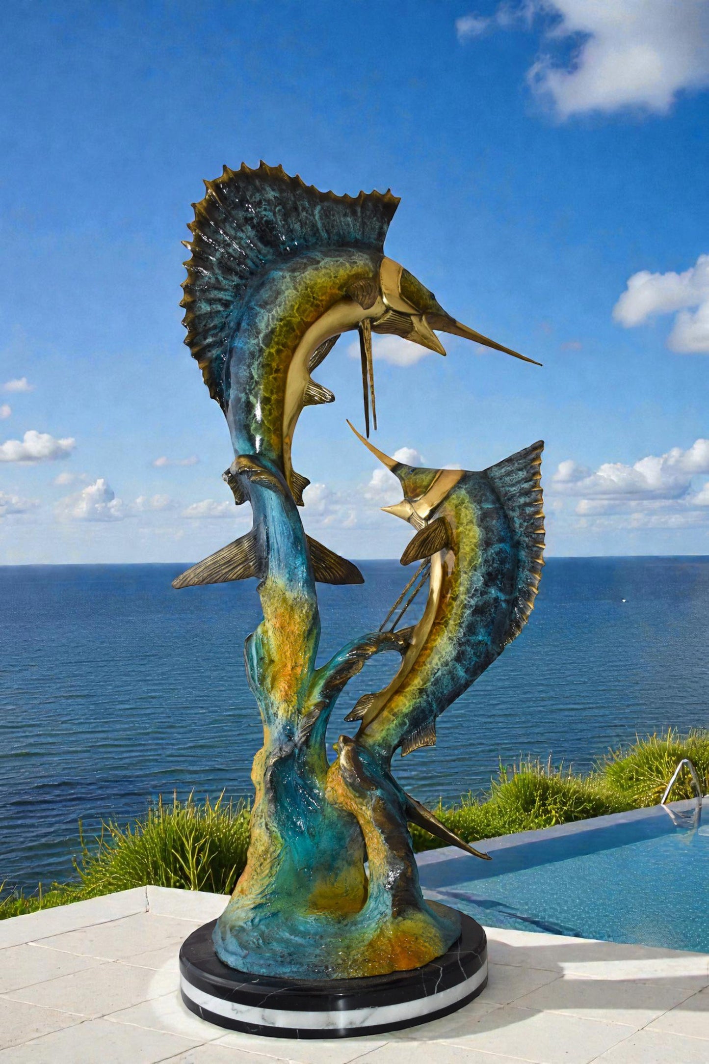 Set Of Intertwined Sailfish and Marlin Colored Bronze Statue  27" x 20" x 47"H