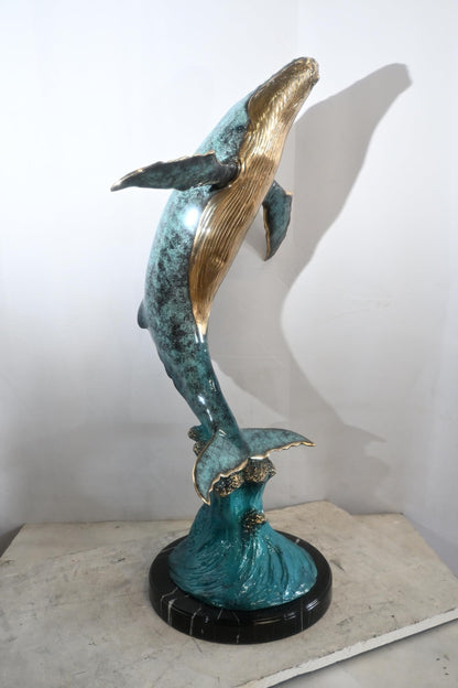 Bronze Humpback Whale Breaching Sculpture Ocean Wave 40"x24"x16"H