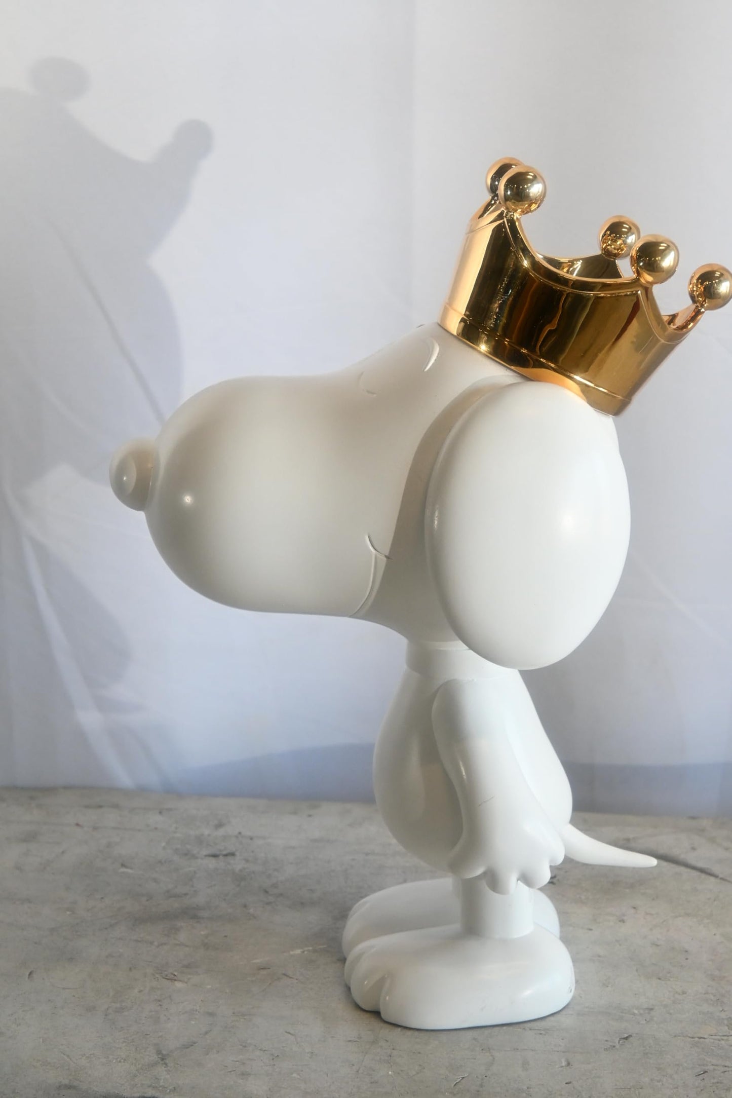 White Resin Snoopy Inspired Dog Figurine with Gold Crown 12"x8"x18"H