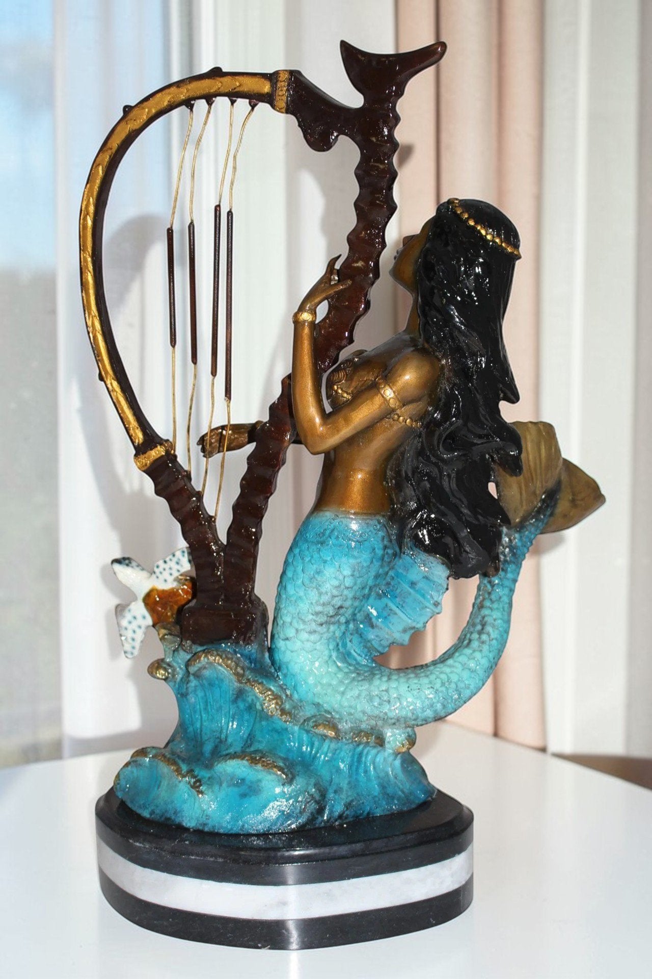 Mermaid play harp Bronze Statue -  Size: 13"L x 8"W x 22"H.