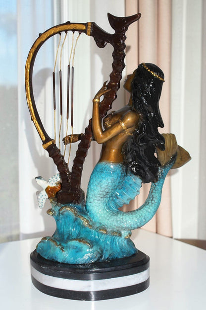 Mermaid play harp Bronze Statue -  Size: 13"L x 8"W x 22"H.