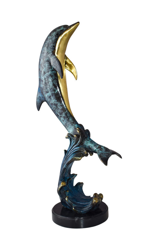 Dolphin Jumping the Waves Colored Bronze Statue Size: 15" x 10" x 31"H