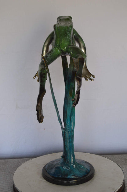 Large Frog Jumping Up Bronze Statue on a  Marble  -  Size: 30"L x 14"W x 34"H.