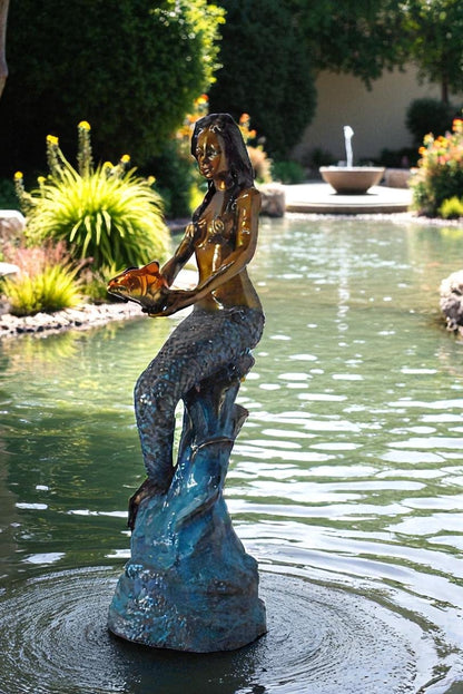 Mermaid Holding Two Fish Bronze Statue Color Finish - Size: 14" x 14" x 43"H.
