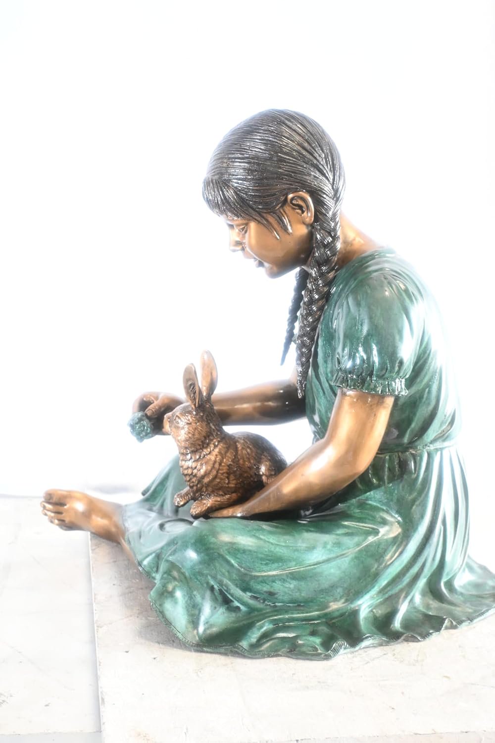Bronze Braided Girl Feeding Rabbit Green Dress Sculpture 24"x20"x24"H