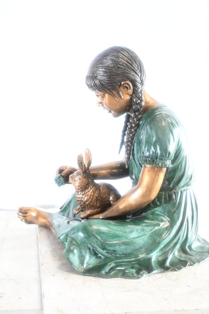 Bronze Braided Girl Feeding Rabbit Green Dress Sculpture 24"x20"x24"H