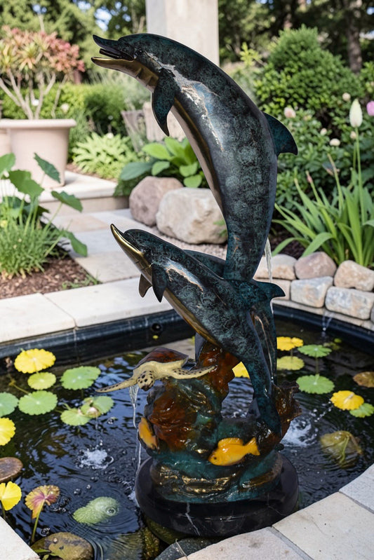 Three Dolphins Swim Next to A Sea Turtle Fountain Bronze Statue 17"x 15" x 38"H