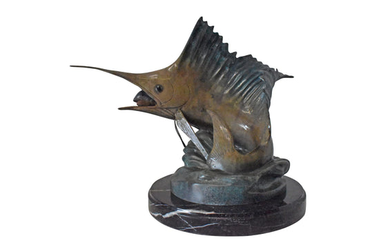 Nifao Sailfish Catching Fish Bronze Statue on Marble Base – Lost Wax Cast Ocean Life Sculpture with Hand-Applied Patina, Marine Wildlife Decor,26" x 16" x 25"H.