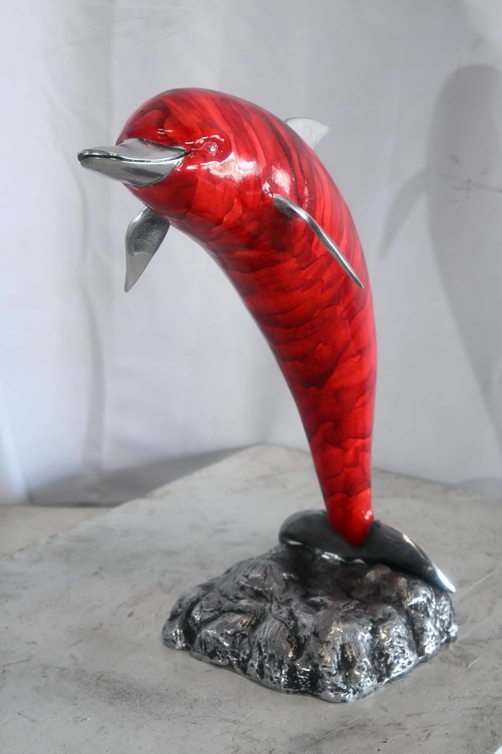 Leaping Red Dolphin Statue with Silver Fins Aluminum Art 15"x7"x18"H