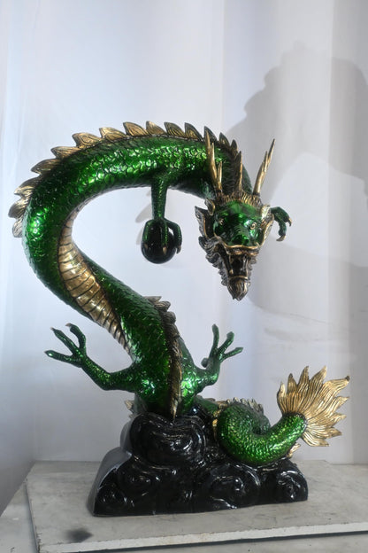 Green Bronze Dragon Fountain Statue with Pearl Sphere 30"x20"x38"H