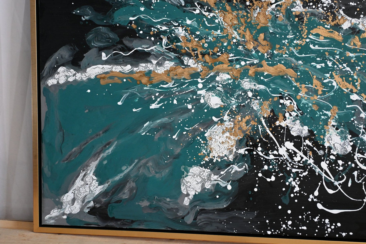 Splash of Green Abstract Canvas Painting Teal Gold Framed 41"x61"